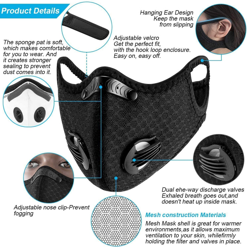 Dual Air Valve Sport Mask: Black - 3/6/12 Pcs