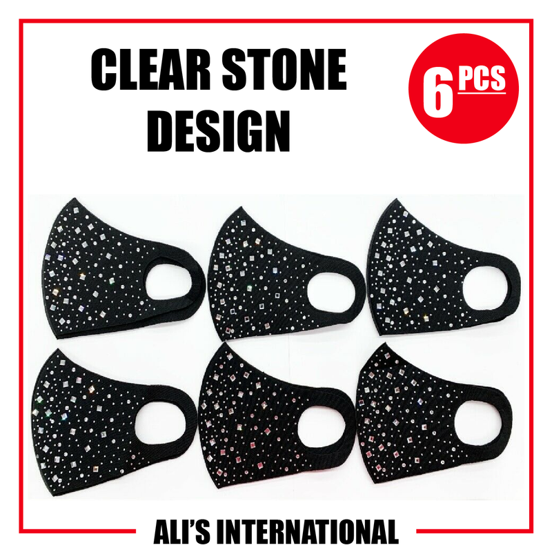Clear Stone Design Fashion Face Masks - 6 Pcs