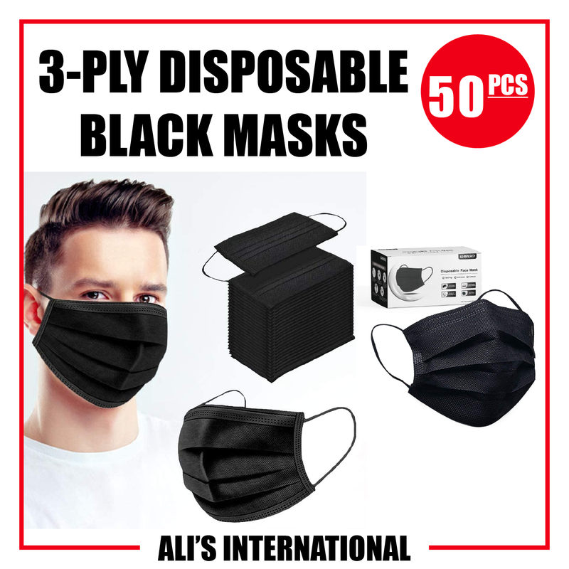 3-Ply BLACK Disposable Face Masks - 50 Pcs