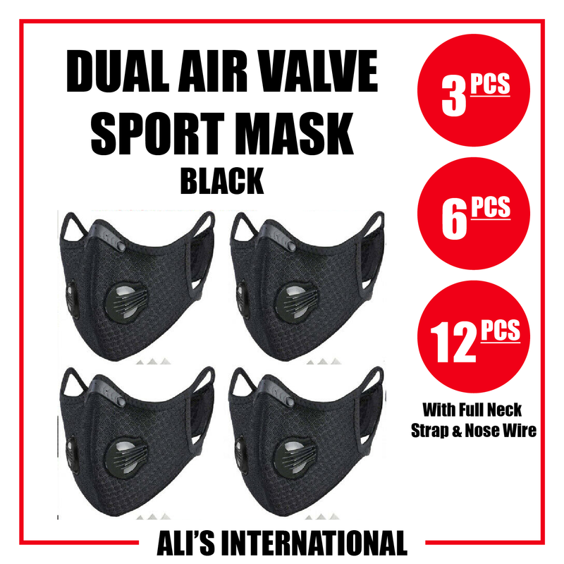Dual Air Valve Sport Mask: Black - 3/6/12 Pcs