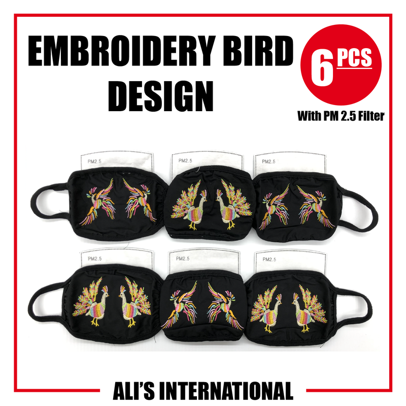 Embroidery Bird Design Fashion Face Masks - 6 Pcs
