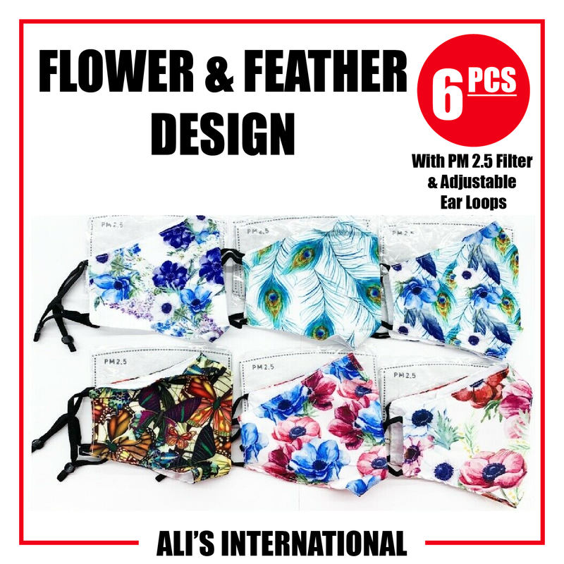 Flower & Feather Design Fashion Face Masks - 6 Pcs
