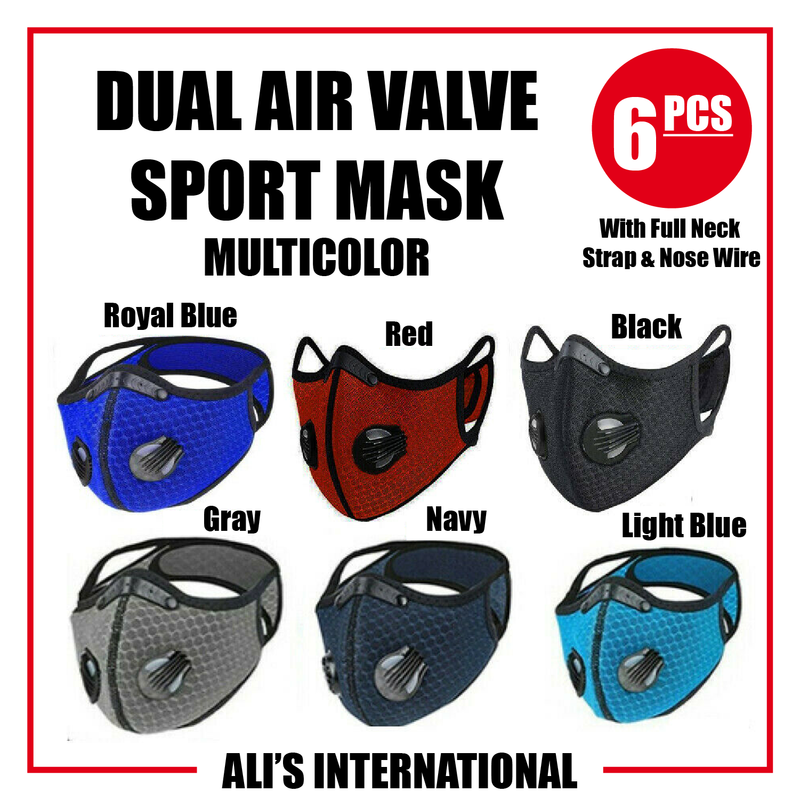 Dual Air Valve Sport Face Masks: Multicolor - 6 Pcs