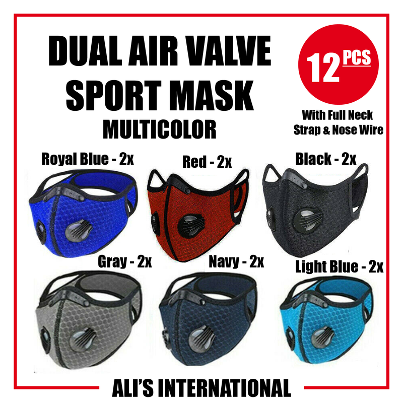 Dual Air Valve Sport Face Masks: Multicolor - 12 Pcs
